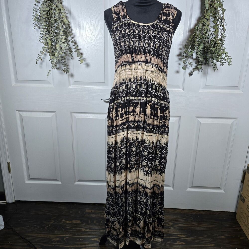 Kim Rogers Smocked Sleeveless Maxi Dress Black Cream Large Boho